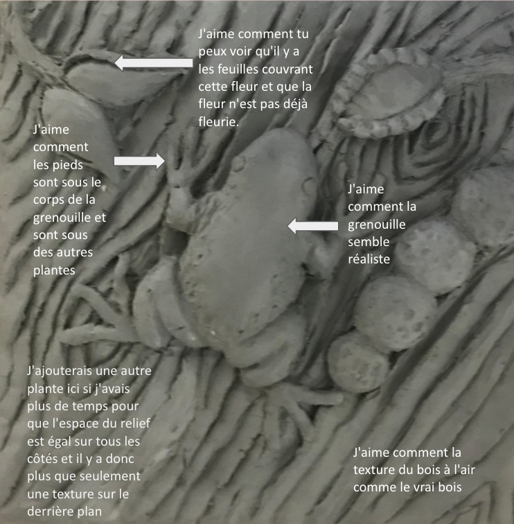 The artist’s reflection on their own work. In this case, they were happy that the levels of depth and the textures looked realistic. If they could do it again, however, they would alter the composition so there was not so much empty space at the bottom. Photo credit: Jennifer Taylor.