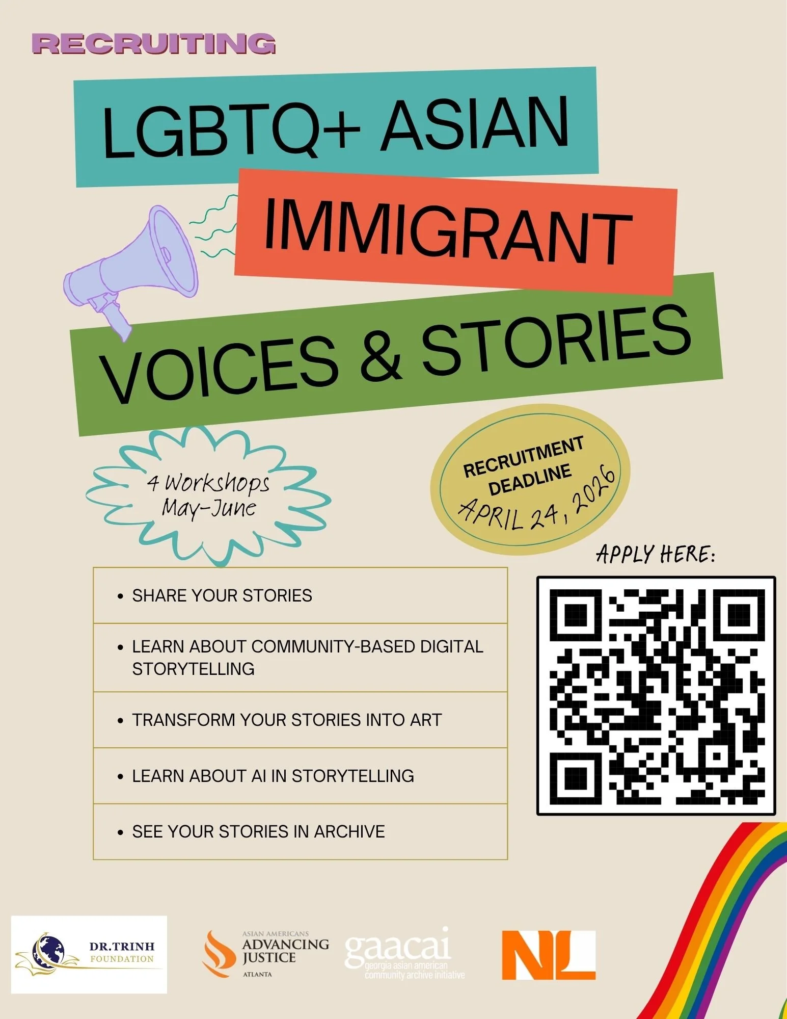 Recruitment flyer for the Stories of In-Betweenness workshops. The poster describes the dates, recruitment deadline, and workshop structure. Image Credit: Dr. Trinh Foundation.