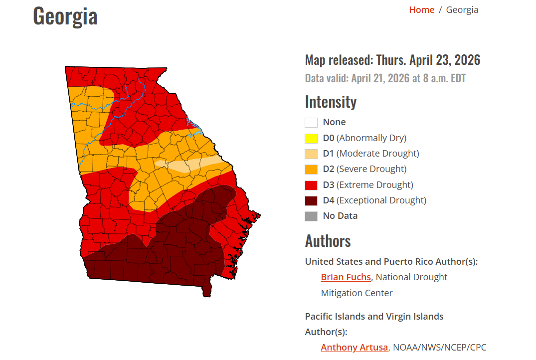 Screenshot of Georgia, showing county-level geographic data as of April 23, 2026. The map shows the moderate, severe, extreme, and exceptional drought levels in each county. Screenshot accessed on April 24, 2026, from the U.S. Drought Monitor.