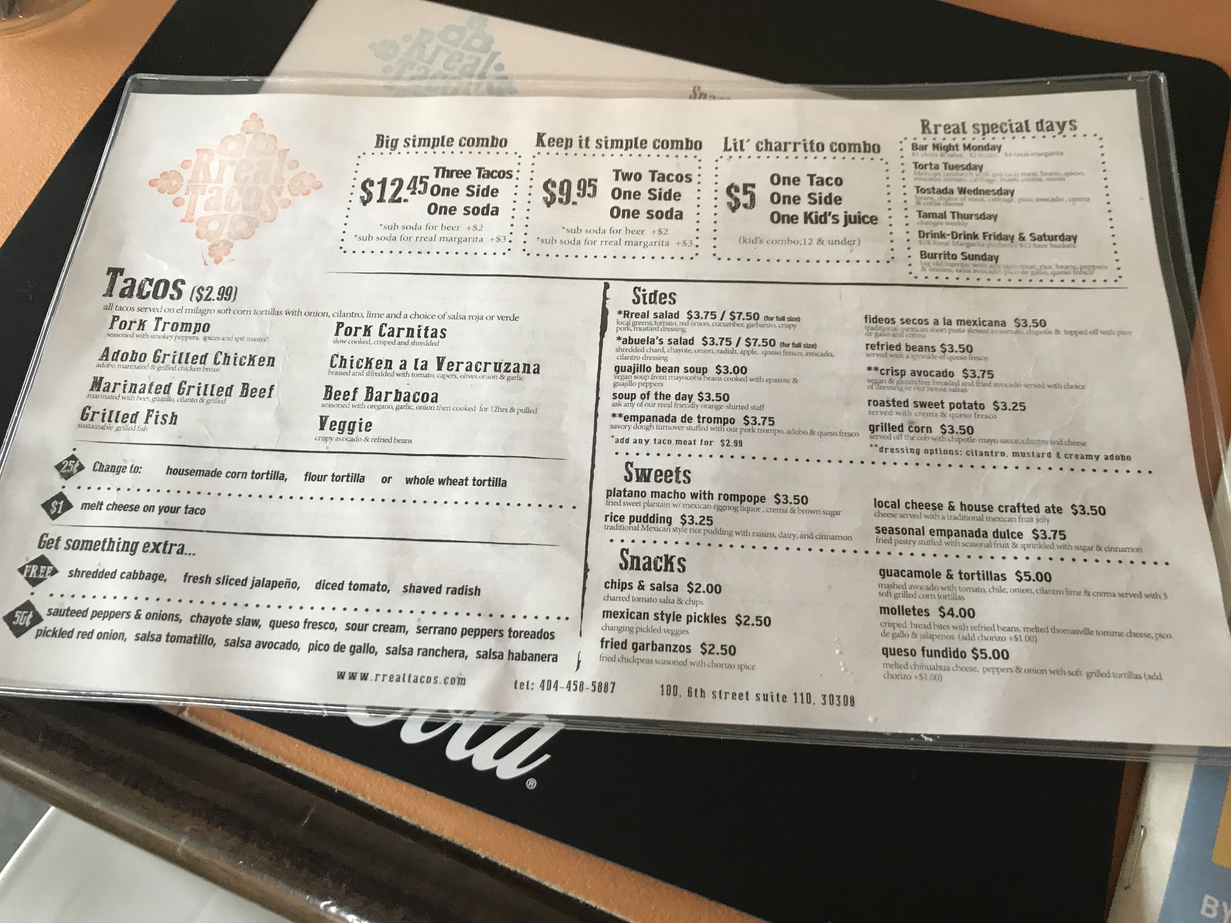 The menu at Rreal Tacos in Tech Square