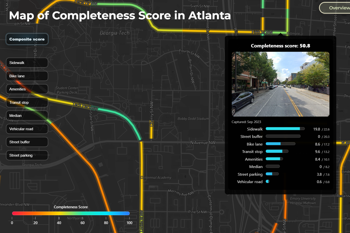 Screenshot from Complete Streets application on April 29, 2026, of Tech Square location and score in Midtown Atlanta.