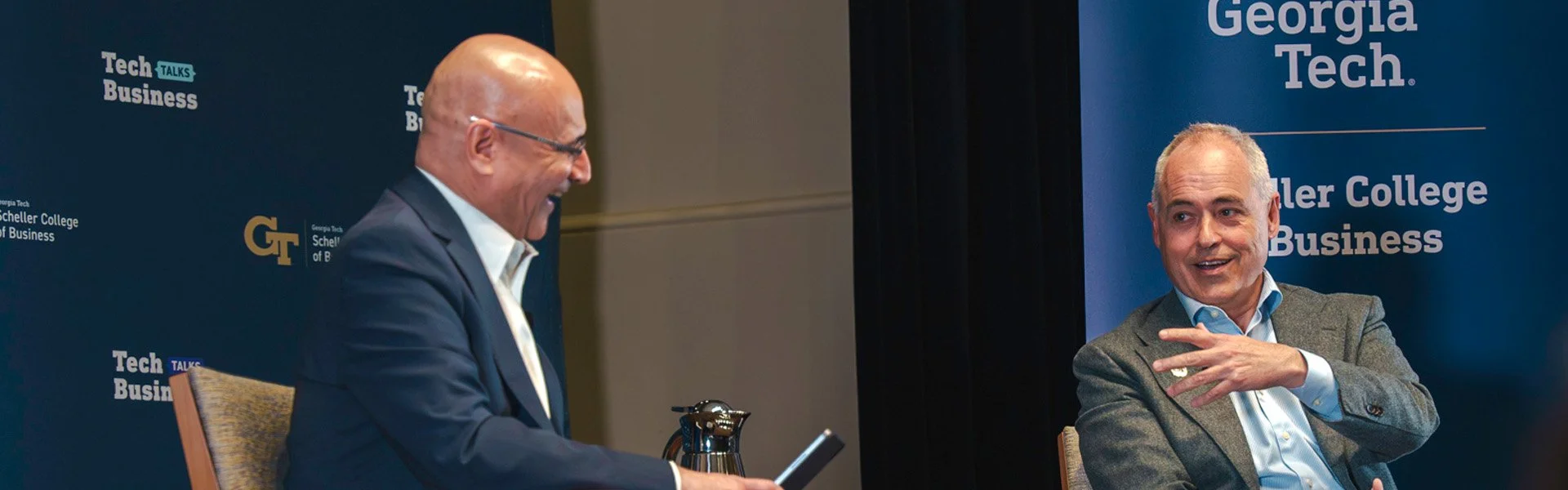 Photo of Georgia Tech Scheller College of Business Dean Anuj Mehrotra and Georgia Tech President Ángel Cabrera at the first Tech Talks Business in 2024. Photo: Georgia Tech Scheller College of Business.