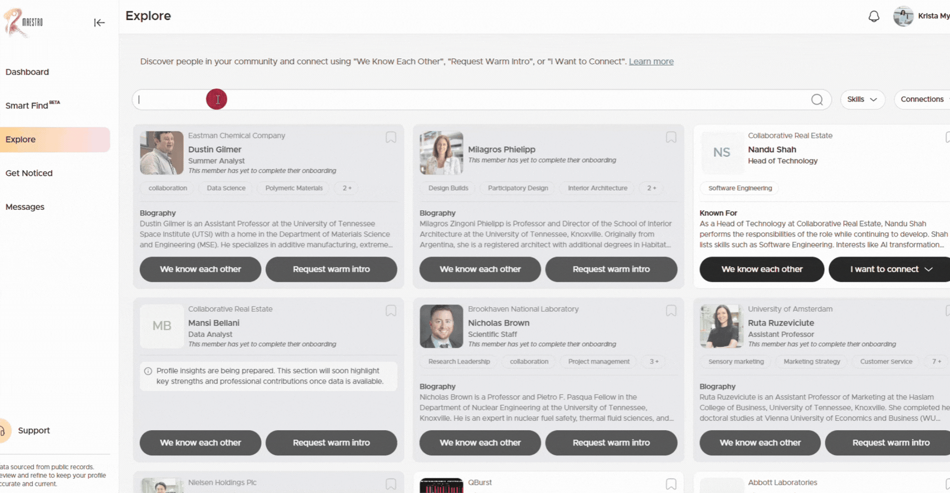 Search for people by name or keyword in Maestro