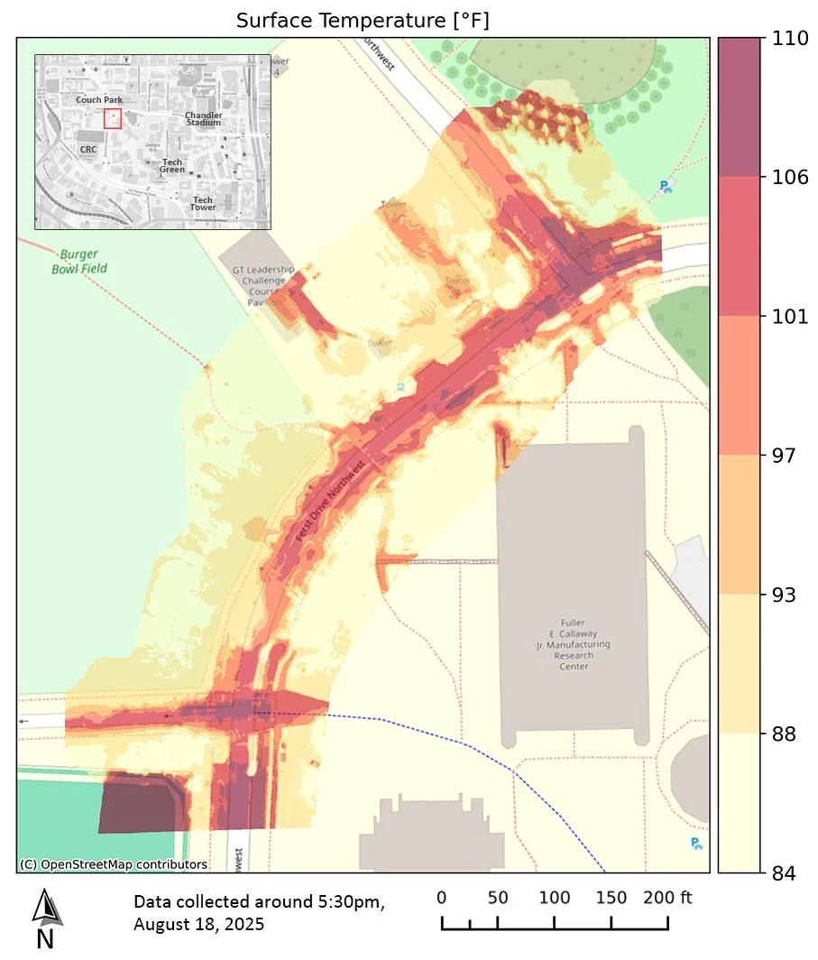 Remote sensing image of Georgia Tech campus on August 18, 2025, around 5:30 PM. This map shows the range of surface temperatures, from 84°F to 110°F based on specific locations near buildings, roads, and sidewalks. Source: Dr. Rounaq Basu.
