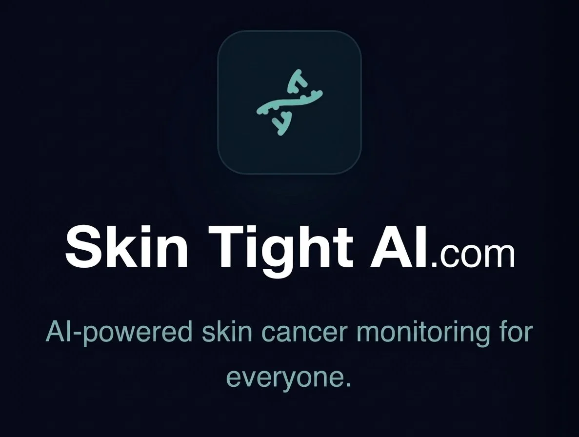 Screenshot of SkinTight AI logo and tagline, "AI-powered skin cancer monitoring for everyone. Source: SkinTight AI.