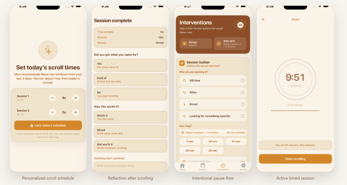 Screenshots of Mivo Scrolling's different pages, including personalized scroll schedule, reflection, and intentional pause flow. The color palette of the app is neutral cream, light orange, and brown. Source: Mivo Scrolling.