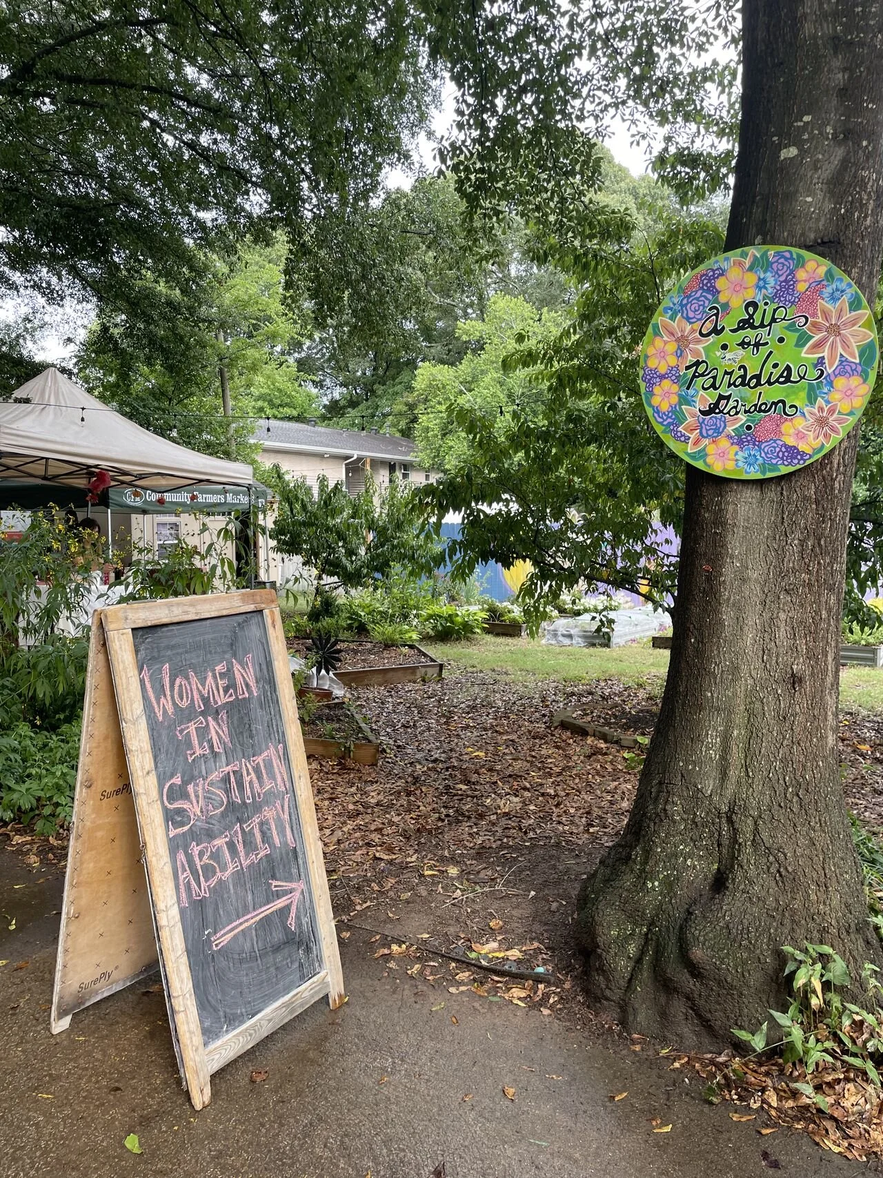The Atlanta Women in Sustainability meet quarterly at various locations around the city. This photo shows a welcome sign in a garden at one of the quarterly events.