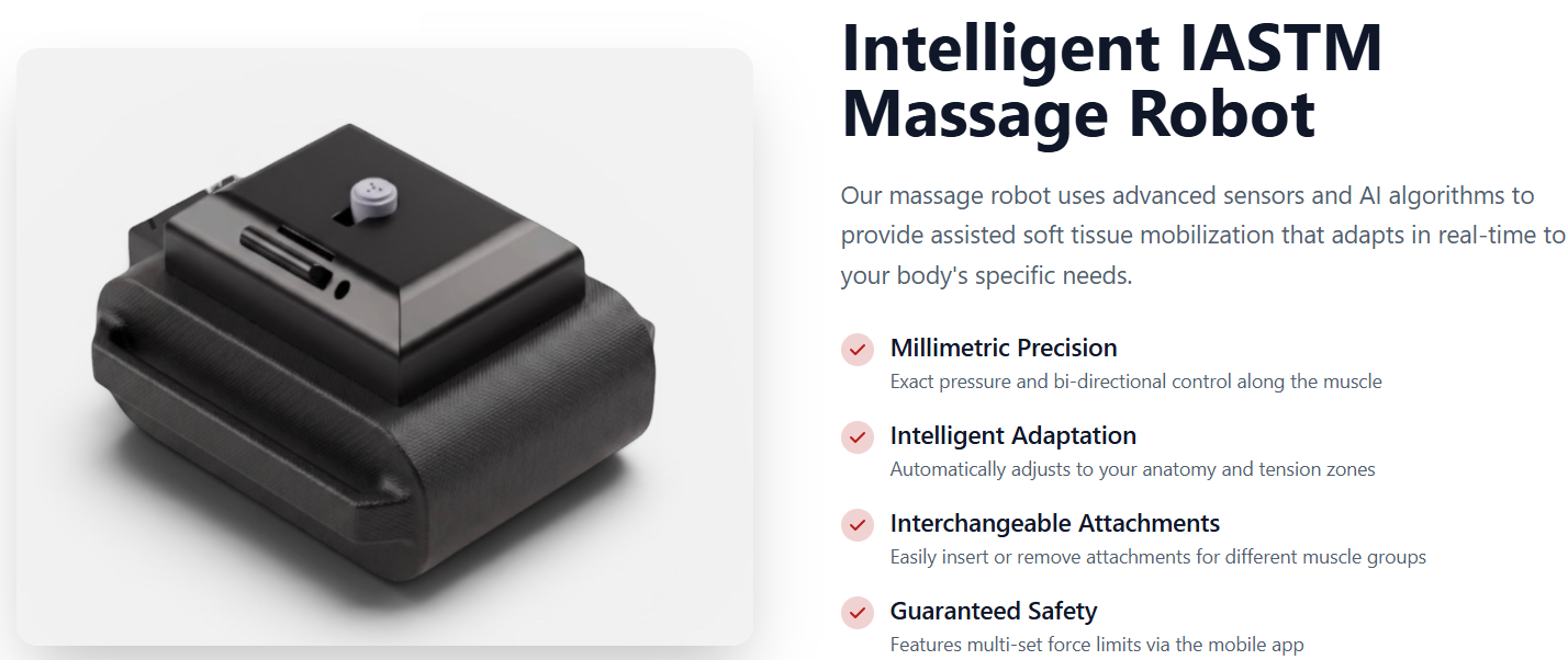 Screenshot from the IASTMotion website of the robotic IASTM device with the caption, "Intelligent IASTM Massage Robot". Source: IASTMotion Website.