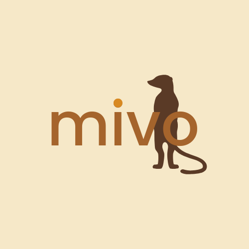 Image shows the Mivo Scrolling logo, which is a neutral color palette of cream, brown, and light orange. Behind the letters "v" and "o" in "mivo" is a graphic design shape of a meerkat. Source: Mivo Scrolling.