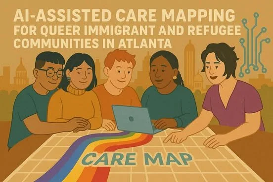 Graphic design illustration image of a group of people sitting around a table. The table has a gray and white grid with a rainbow and the words "CARE MAP". The background is a light orange. Image Source: Dr. Trinh Foundation.