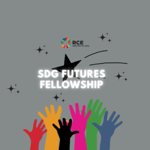 Logo for the SDG Futures Fellowship. There is a gray background with six hands raised in different bright colors. A star in the middle is positioned behind the text SDG Futures Fellowship and the RCE Greater Atlanta logo. Source: RCE Greater Atlanta.