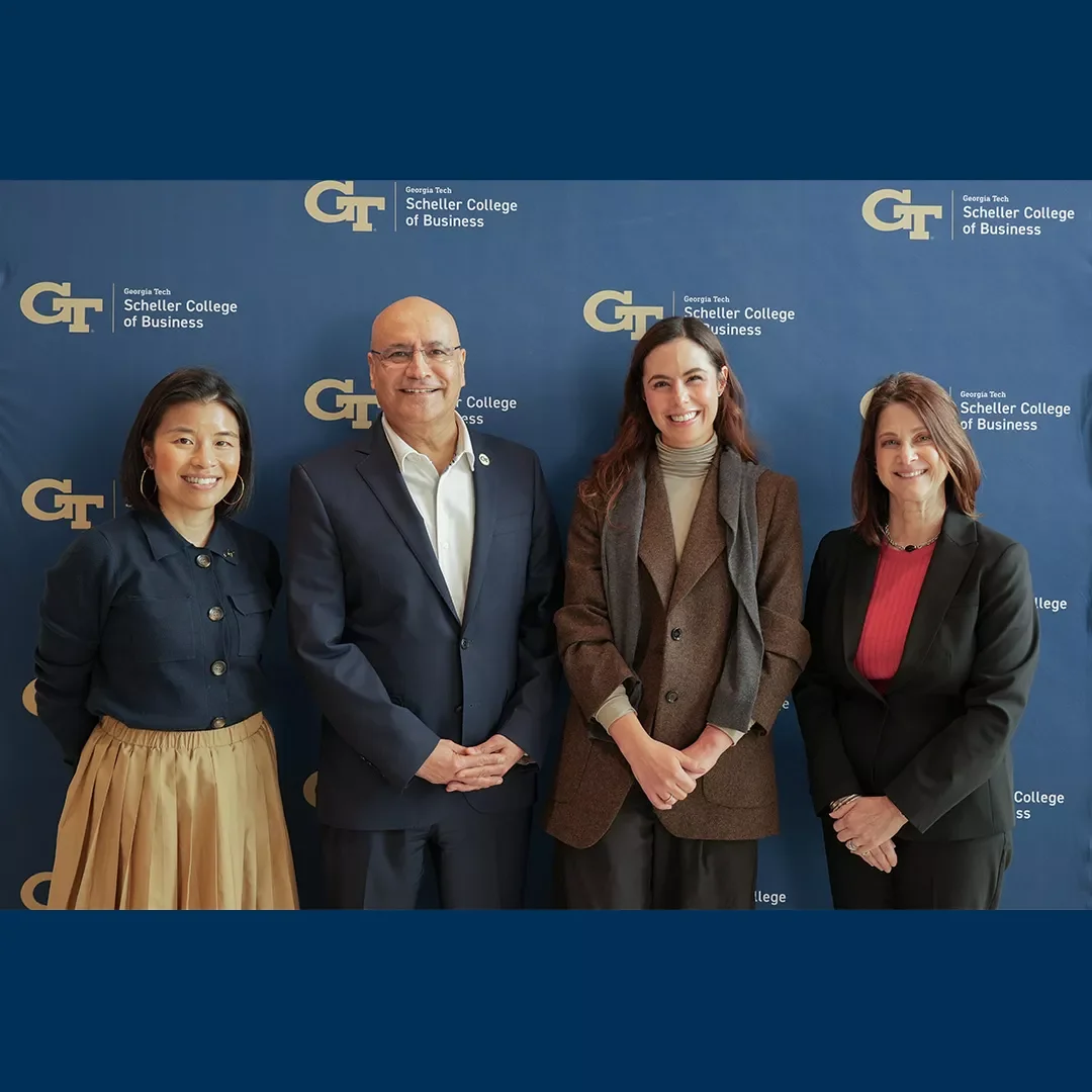 Photo of Dean Anuj Mehrotra with Tech Talks Business featured guests as part of the Marketing Innovation Conference held at Georgia Tech. Photo: Georgia Tech Scheller College of Business.