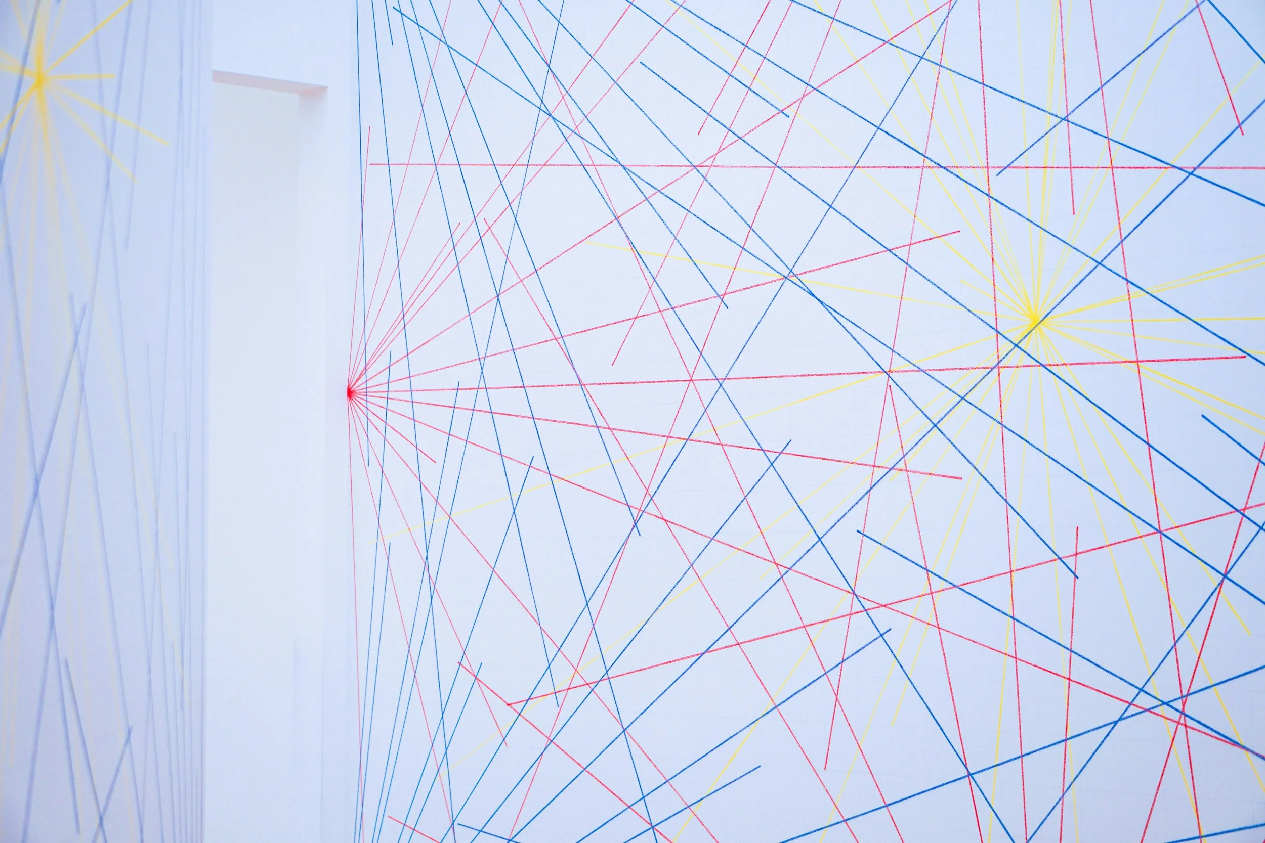 Stock photo of a white background with various, blue, yellow, and red lines, that all looked like a web or network. Source: Yaoyu Chen/Unsplash.