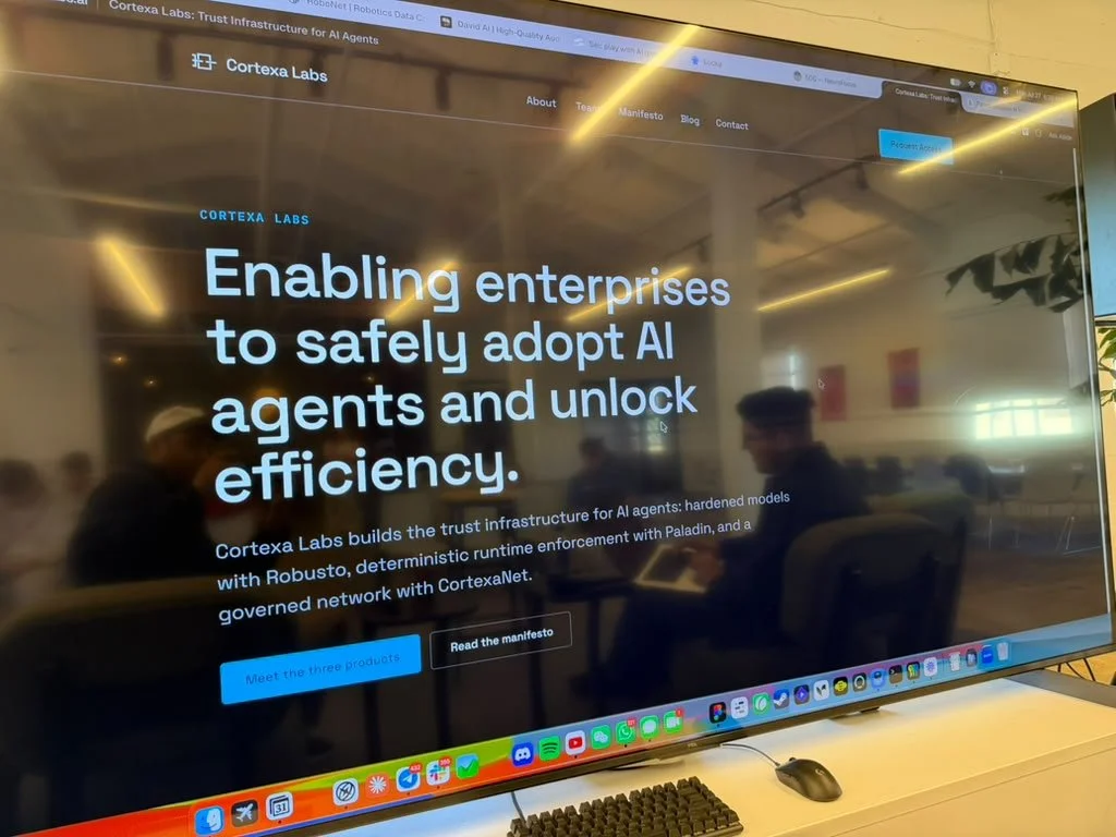 Photo of a Cortexa Lab's webpage that says, "Enabling enterprises to safely adopt AI agents and unlock efficiency." Photo source: Cortexa Labs.