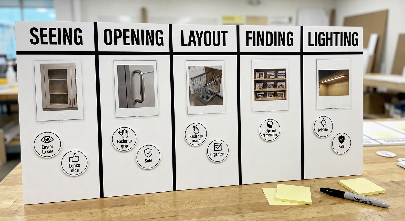 Co-Design Session board showing options for seeing, opening, layout, finding, and lighting of kitchen cabinets. Source: Ibrahim Bilau.