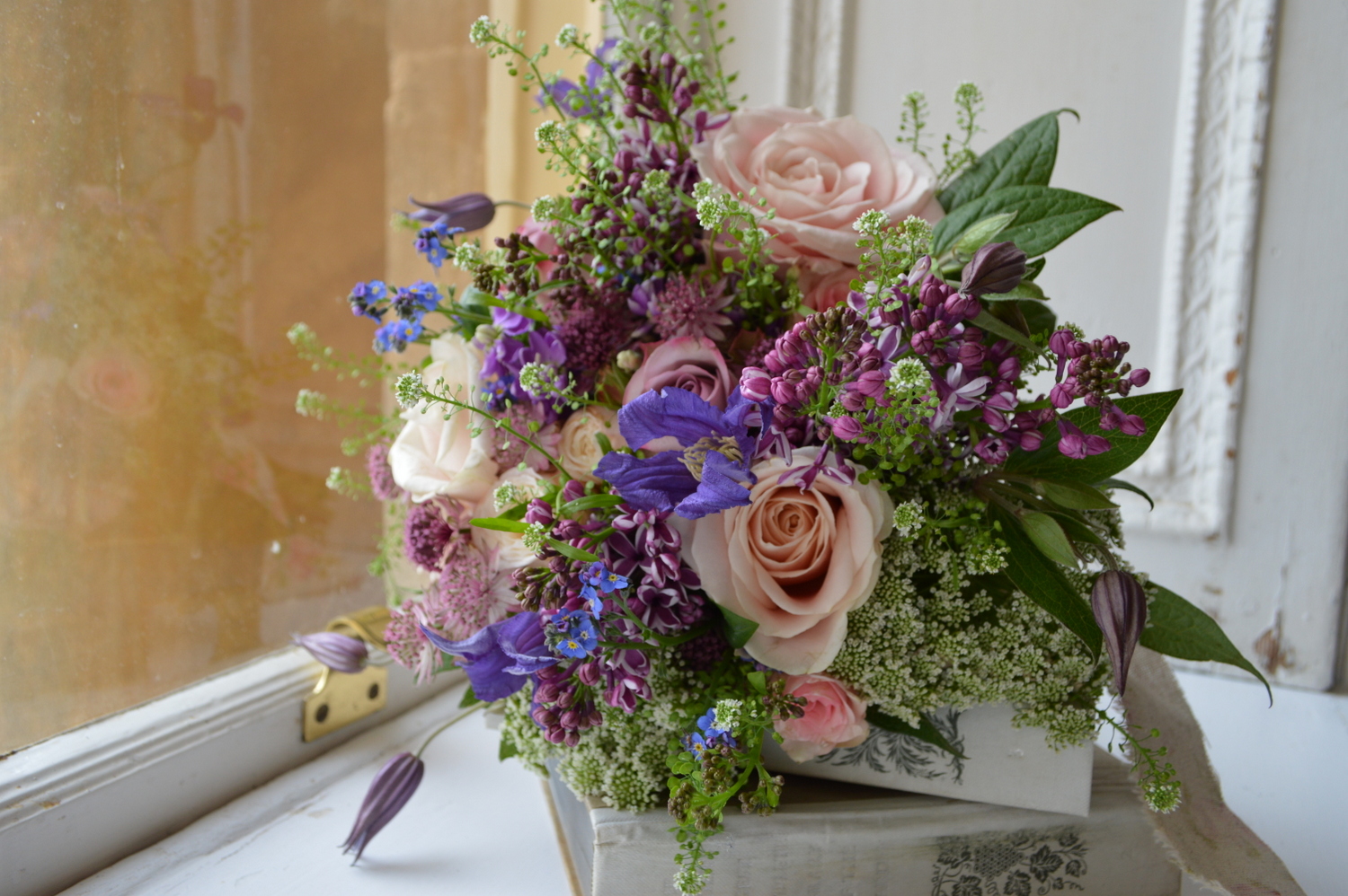 Romantic Wedding Bouquet with Lilac, Roses, Ammi & Clematis.