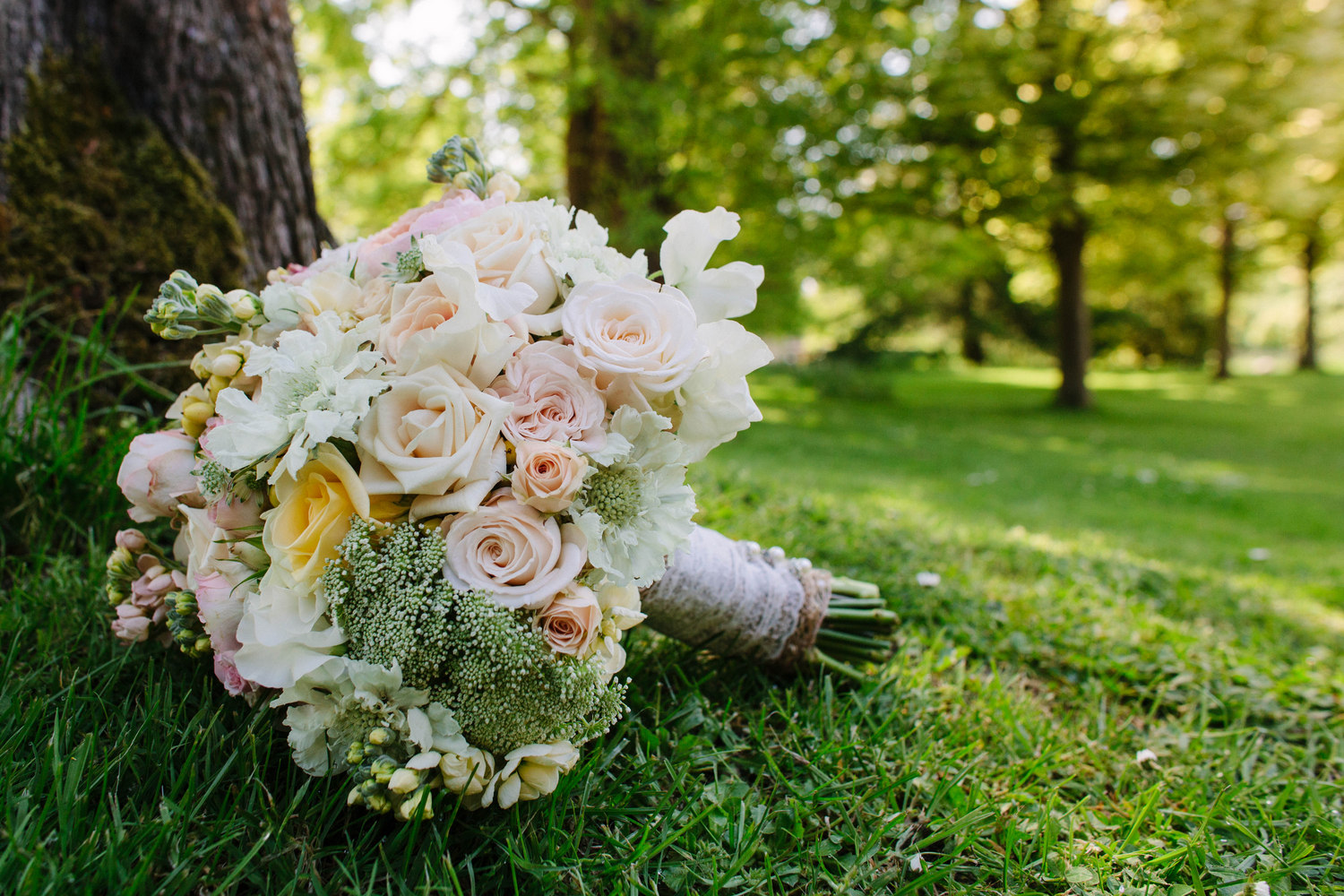 Romantic, summer wedding bouquet in soft pastel colours