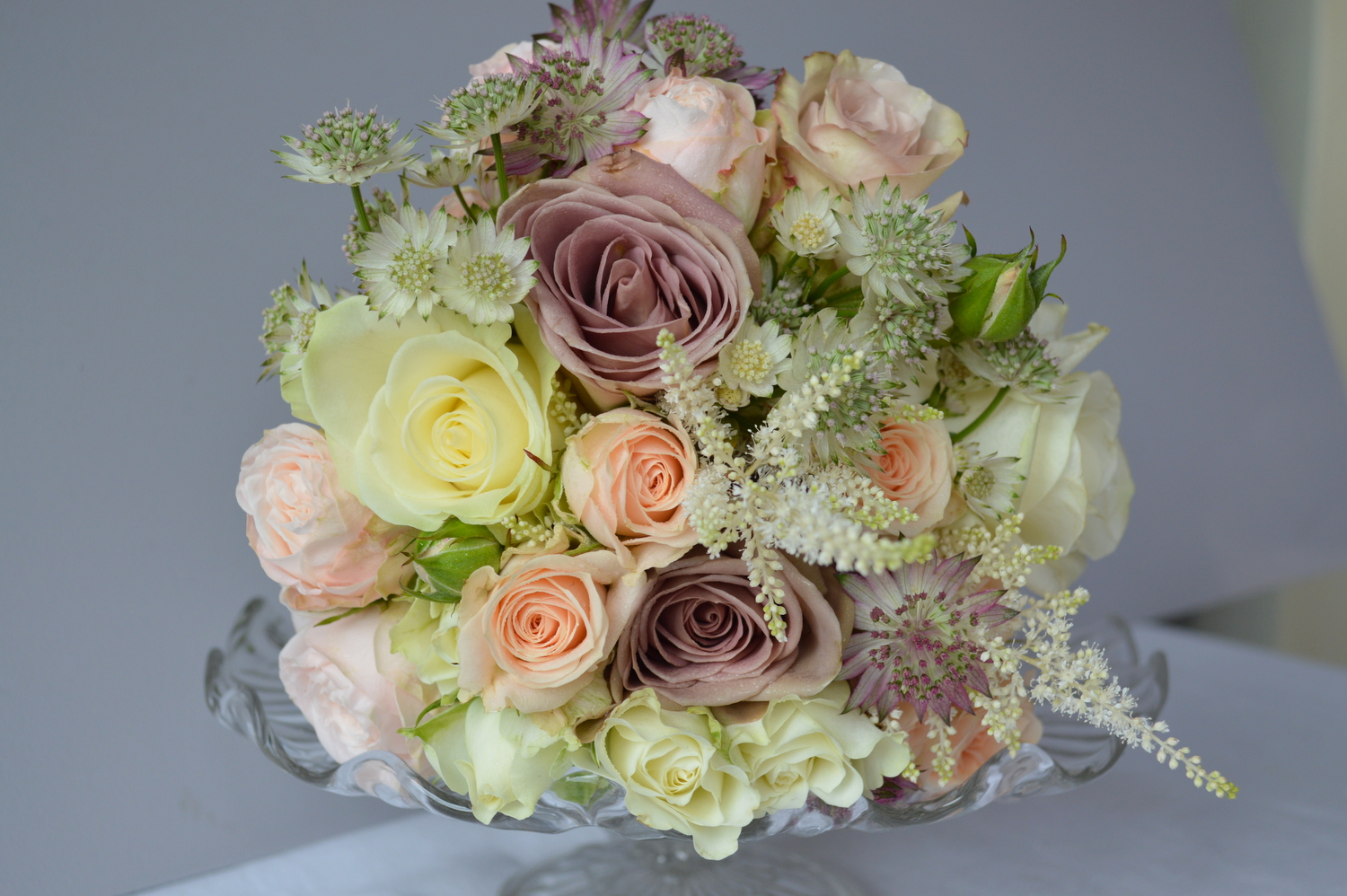 Summer Bridesmaid Bouquet with Amnesia Roses, Astilbe & Astrantia