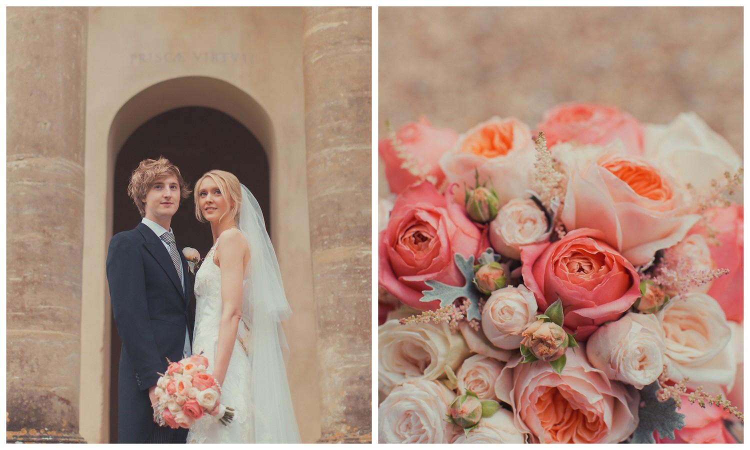 Summer wedding flowers with Garden Romantic & Juliette roses at Courteenhall, Northamptonshire