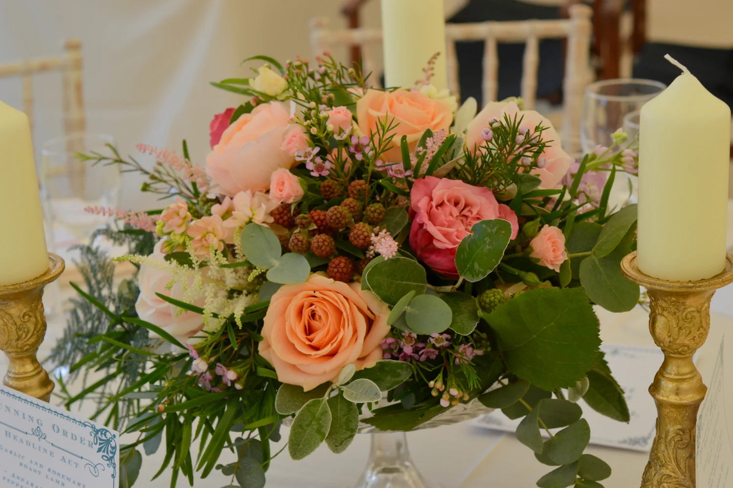 wedding table centre in cut glass bowl with Juliette roses and blackberries