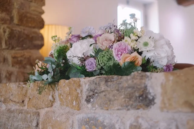 Pastel summer wedding flowers with hydrangeas, scabious, roses and ammi, Dodford Manor, Northamptonshire