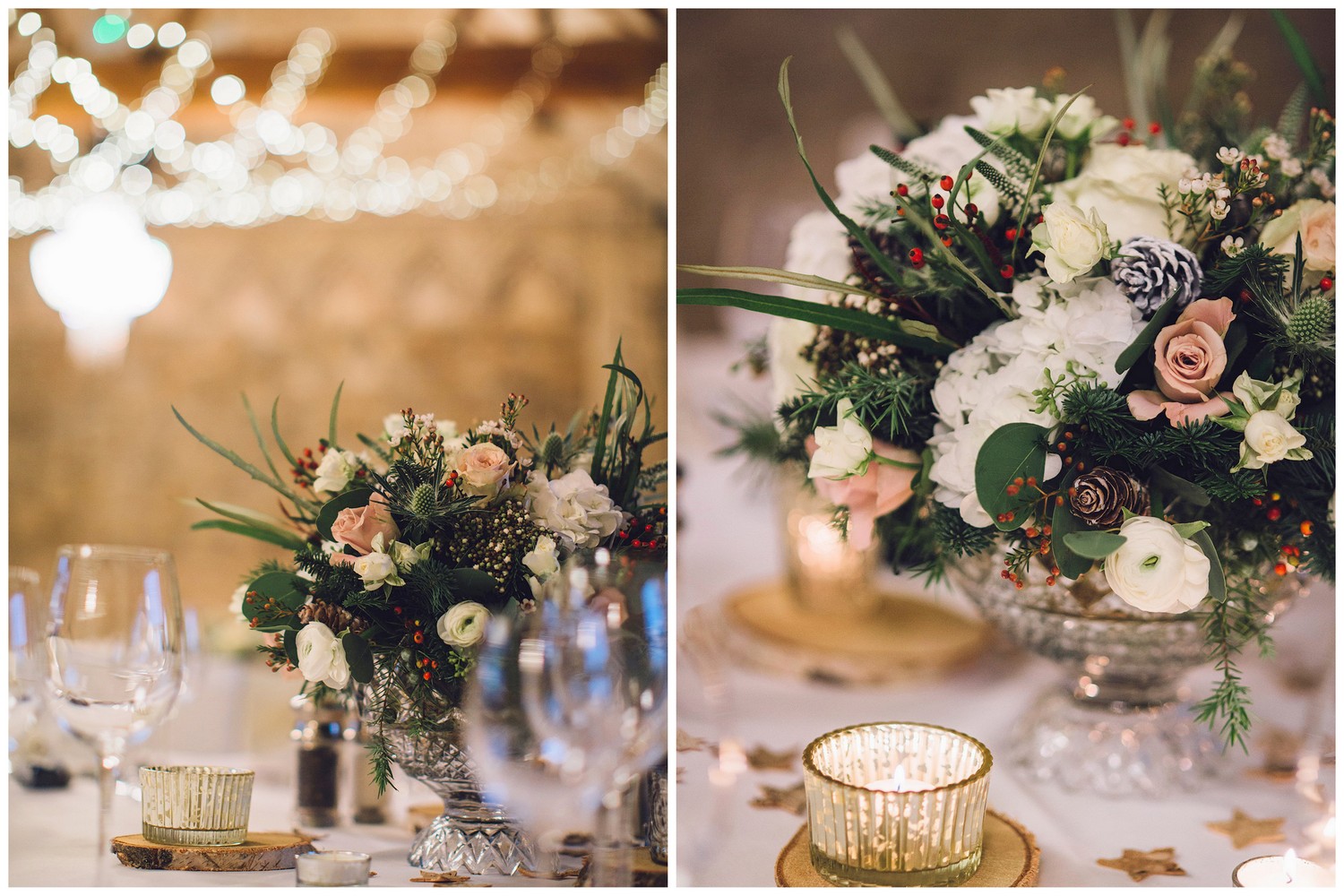Christmas wedding flowers in white & blush at Notedly Abbey, Bucks