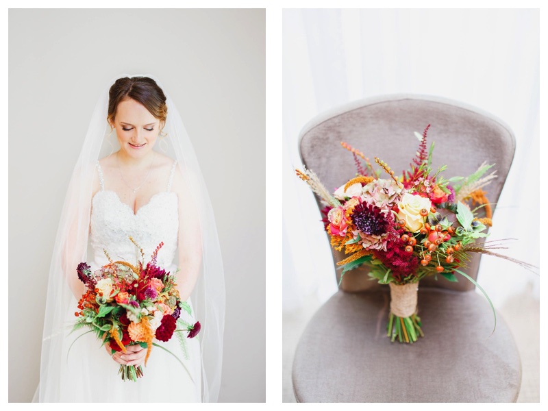 Autumnal bridal bouquet with dahlias, astilbe, roses & seed heads