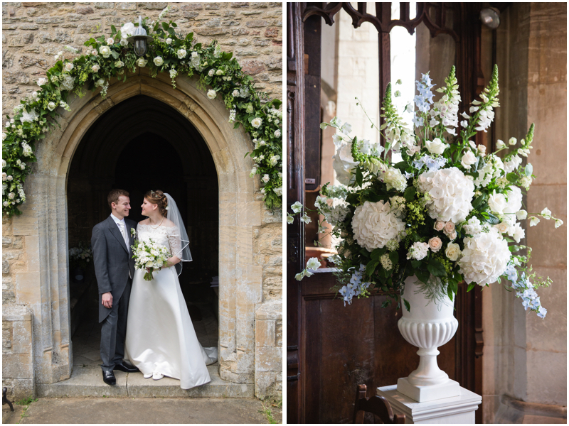 Floral church arch and pedestal for all white summer wedding