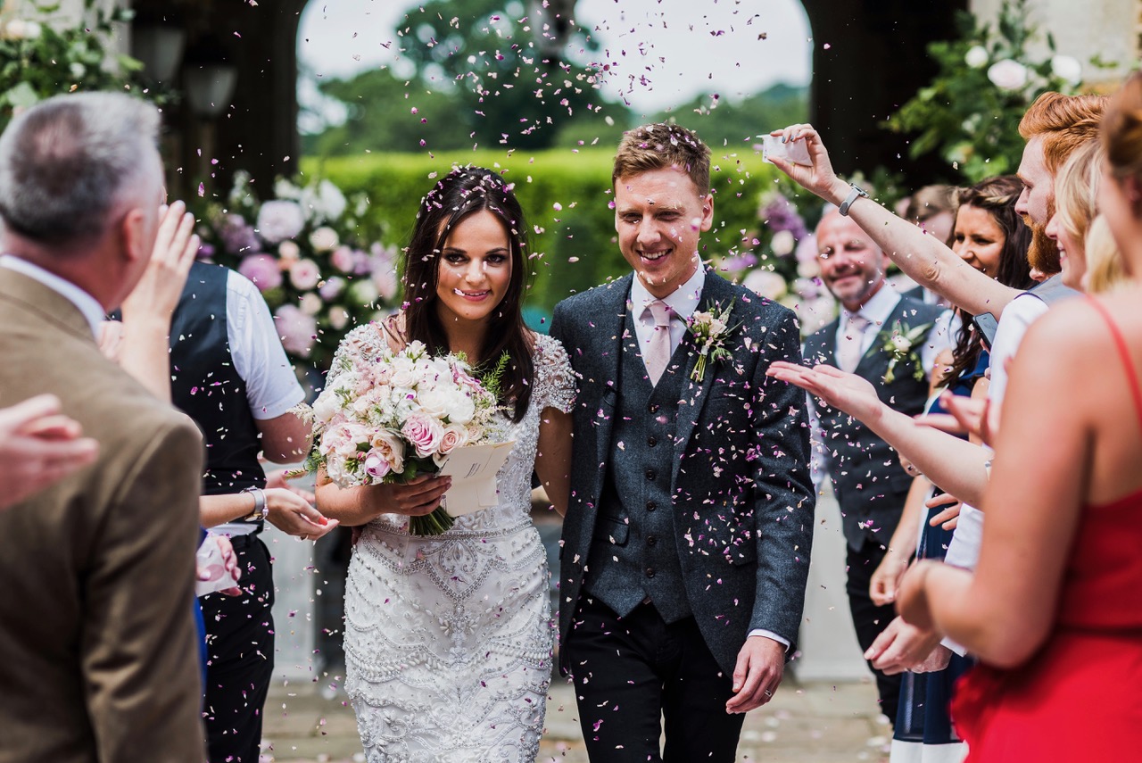 Outdoor summer wedding ceremony, Falsely Hall, Northamptonshire