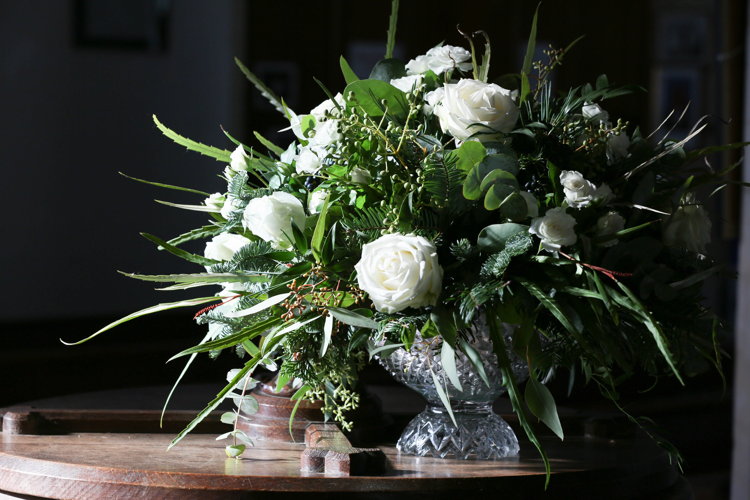 All white christmas floral display