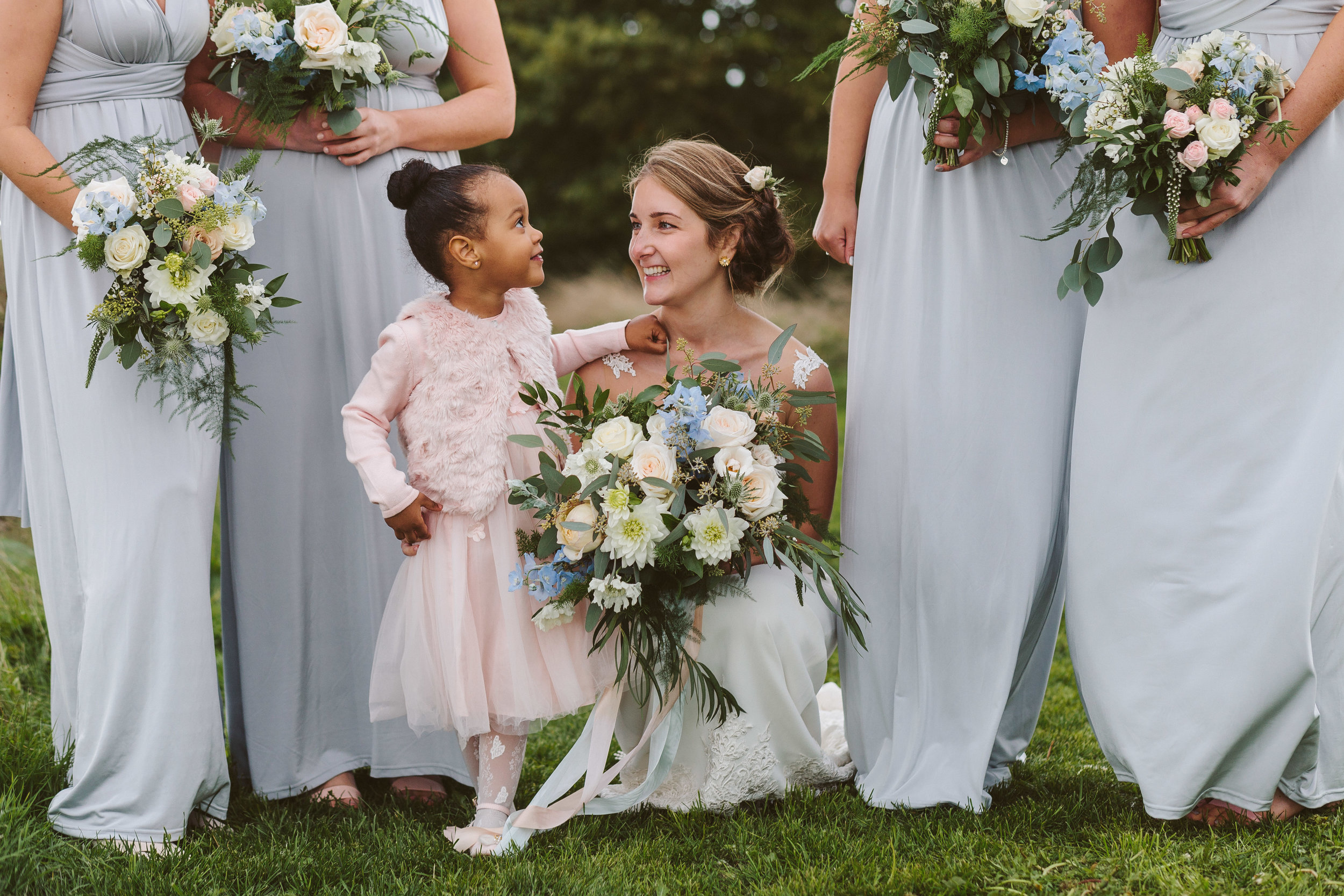 summer bridal flowers in soft blush and pale blue