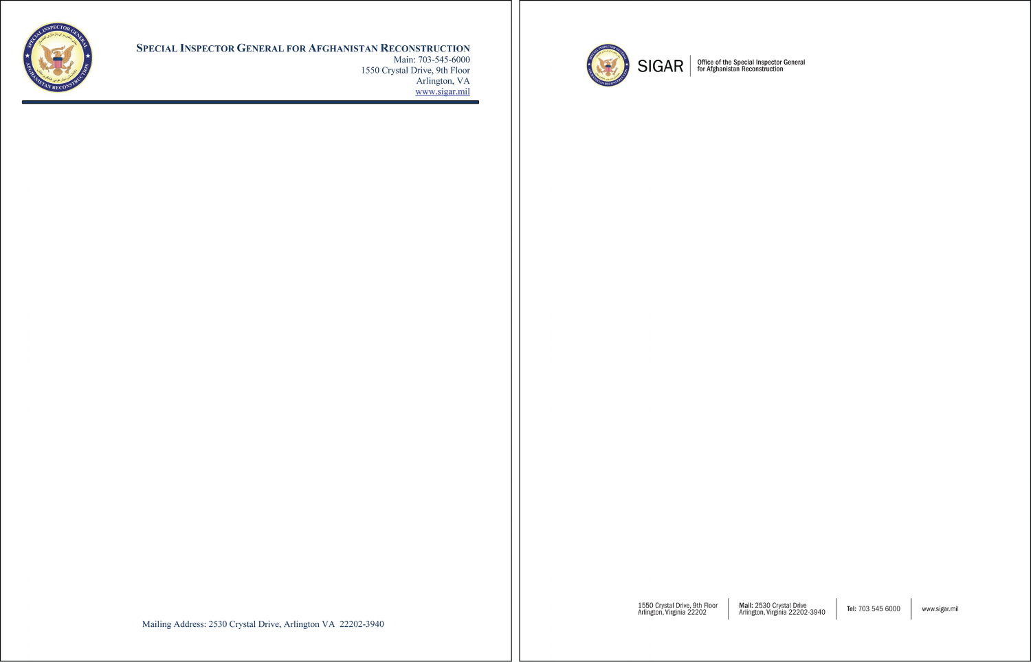 Redesigned Official SIGAR Letterhead