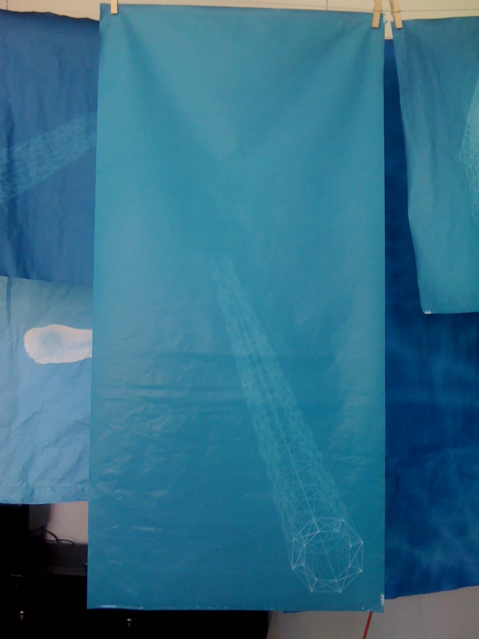 Cyanotypes drying after developing them. As they dry, they darken and the images reveal a stronger contrast in tones.