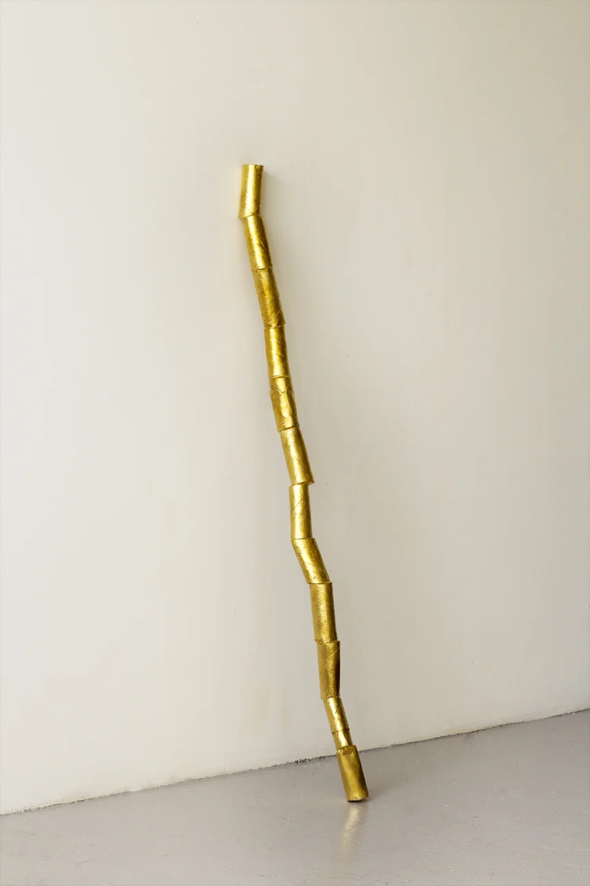 Gold(Toilet Paper Roll Tower), 2016 Imitation gold leaf, concrete, rebar 3 x 3 x 48 in