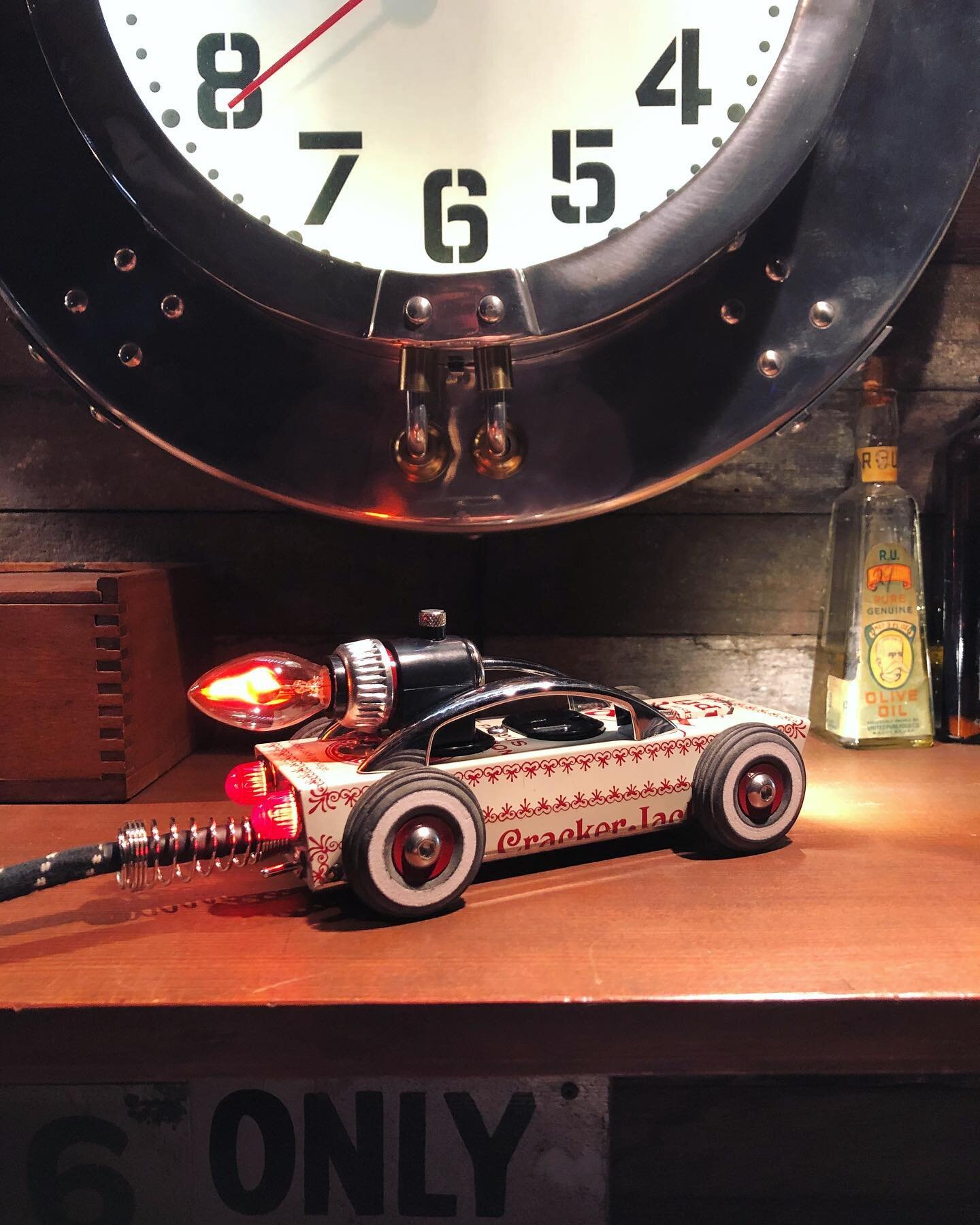 Cracker Jack: SOLD
. 
. 

#toycar #toycars #rocketcar #jetcar #tincar #electriccar #crackerjack #extensioncord #customtoycars #nightlight #tintoy #grandmothersgunpowdertea #mantoy #tablelamp #electricvehicle #turbo #forsale #oneofakind #racecar #foun