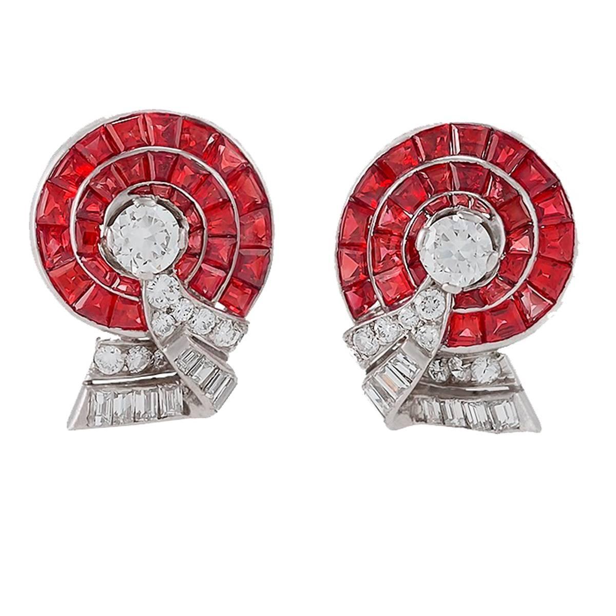 Retro Diamond, Ruby and Platinum Earrings Offered by Macklowe Gallery