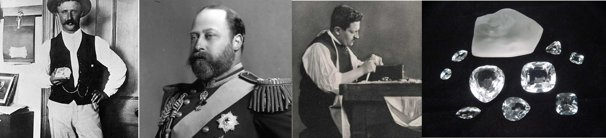 left to Right: Thomas Cullinan with the rough diamond, King Edward VII, Joseph Asscher cutting the Cullinan, Models of the rough Cullinan diamond and the stones cut from it