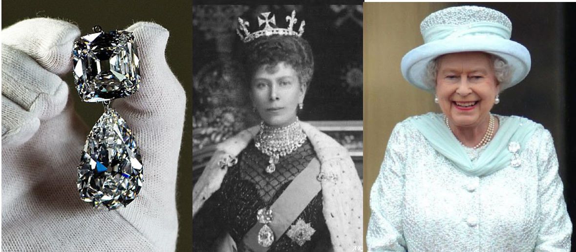Left to Right: Cullinan III & IV in the brooch setting, Queen Mary, Queen Elizabeth II wearing "Granny's Chips" at her Diamond Jubilee Celebration