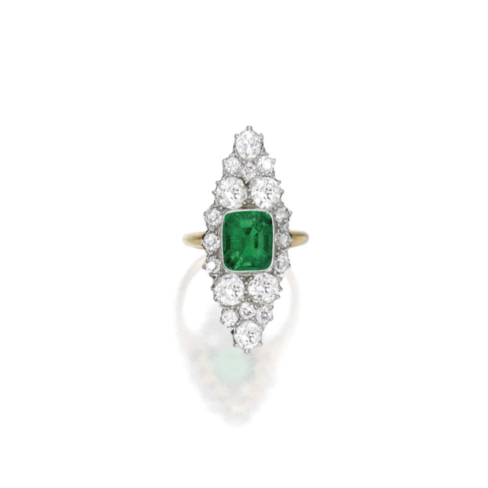  Gold, platinum, emerald and diamond navette-shaped ring. Photo by Sotheby's Auction House.&nbsp; 