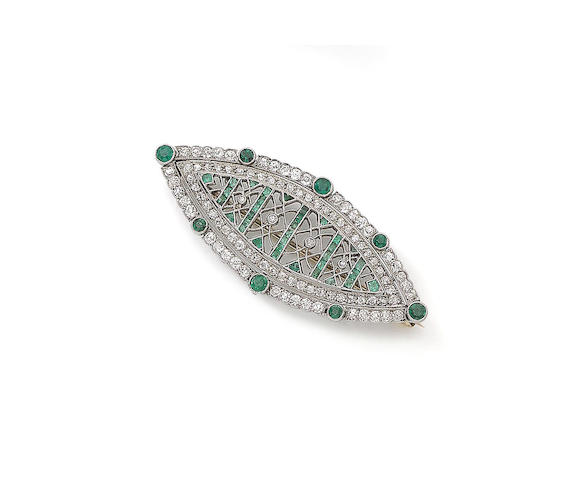  Navette-shaped emerald and diamond brooch, circa 1910. Photo by Bonhams Auction House. 