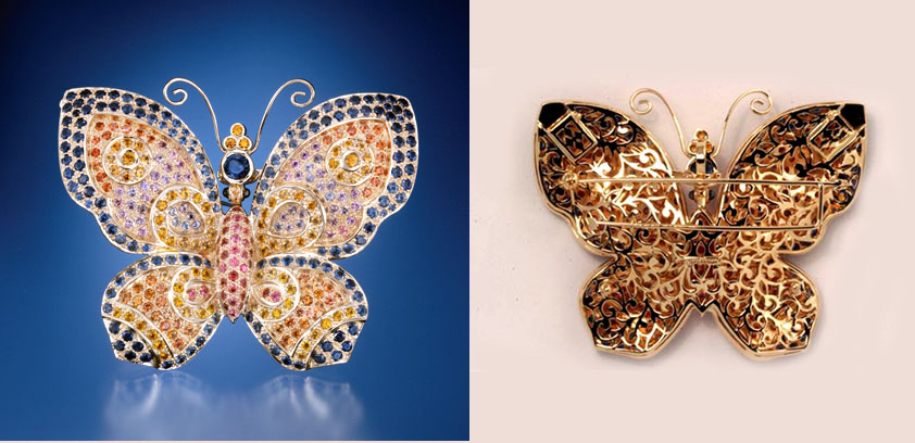 The Conchita Montana Sapphire Brooch. The Butterfly can be worn as a brooch or as a pendant. It has boxes attached so that it can be incorporated into an elaborate neckpiece or strung with beads as well.