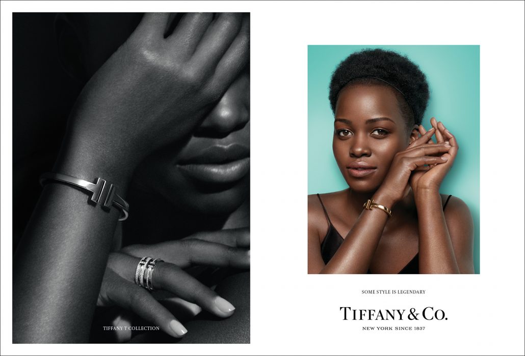 Actress Lupita Nyong’o wears a Tiffany T square bracelet and Tiffany T Ring