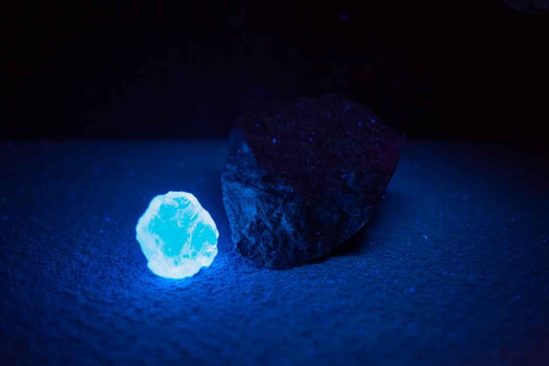 Trace amounts of nitrogen cause the DIAMOND to glow bright blue under a black light. &nbsp;(Photo by Donny Bajohr)