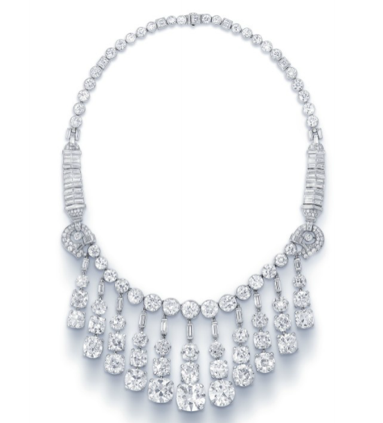  A superb diamond fringe necklace with square, old and baguette-cut diamonds as well as cushion, and single old-cut diamonds set in platinum.&nbsp;Signed Cartier 
