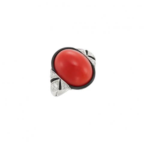  Art Deco Platinum, Coral, Black Onyx, Diamond and Enamel Ring One oval cabochon coral, 8 old European &amp; single-cut diamonds, c.1925 