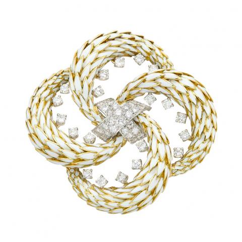  Platinum, Gold, White Enamel and Diamond Clip-Brooch, David Webb 