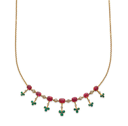  A pink tourmaline, emerald and diamond necklace, circa 1900 