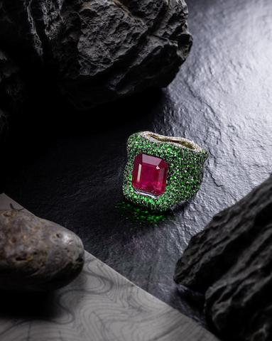  An Exceptional Ruby, Tsavorite Garnet and Diamond Ring, by Ferri 