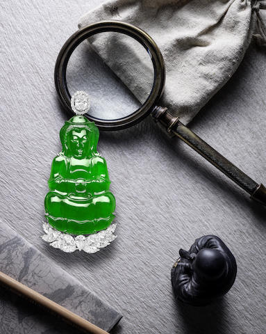  An Important natural jadeite and diamond 'Guanyin' Pendant 