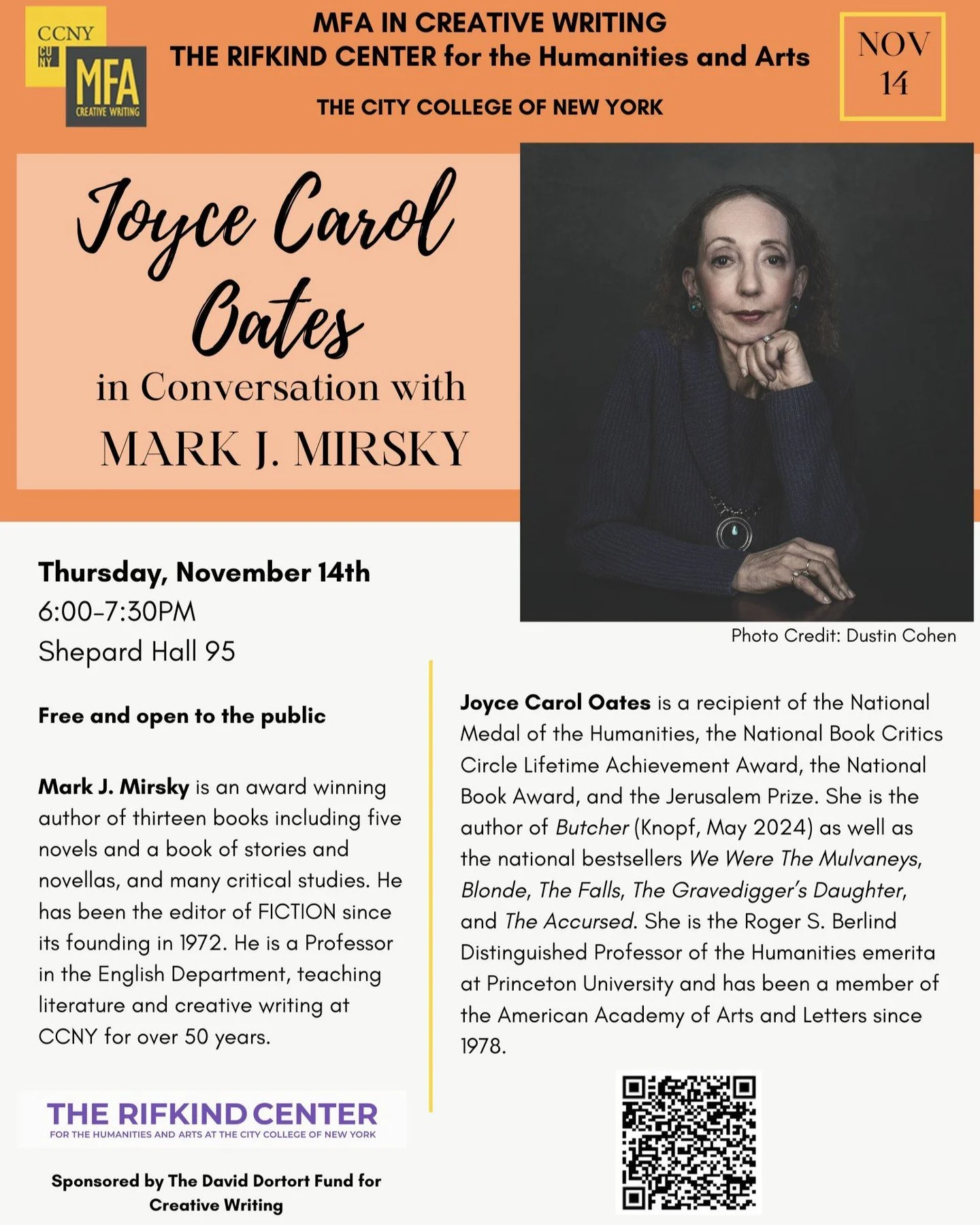 Join us for a special literary event with @joycecaroloates3146 on...

Thursday, November 14
6:00-7:30 PM
Sheppard Hall 95
City College of New York

Registration is free:
https://www.eventbrite.com/e/joyce-carol-oates-in-conversation-with-mark-j-mirsk